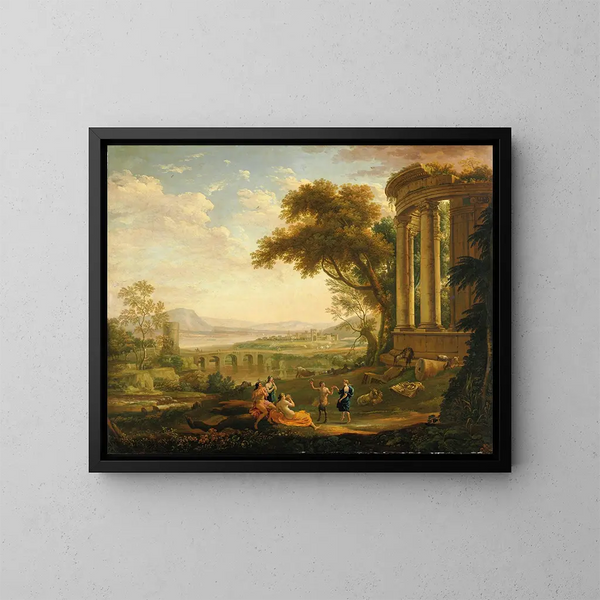 Landskabsmaleri med satyr og nymfe - Claude Lorrain — indrammet kunstværk på væggen