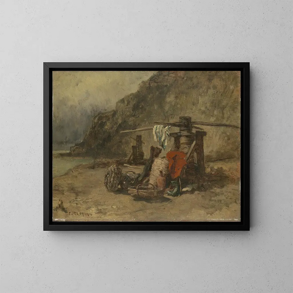 Vue de plage avec des pêcheurs de crabe - Constant Troyon — indrammet kunstværk på væggen