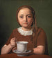 Portrait af en lille pige Elise Købke med en kop foran hende - Constantin Hansen — visning af kunstværket