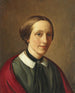 Portrait af Michala Ingerslev f. Aagaard d'Iselingen i en sort kjole og rød sjal - Constantin Hansen — visning af kunstværket