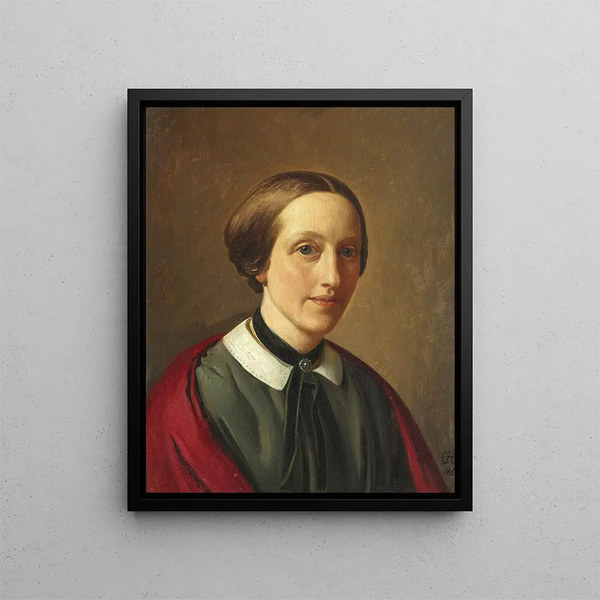 Portrait af Michala Ingerslev f. Aagaard d'Iselingen i en sort kjole og rød sjal - Constantin Hansen — indrammet kunstværk på væggen
