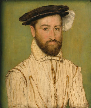 Corneille de Lyon - Portrait Of A Bearded Gentleman In A Black Beret With White Plumage.webp