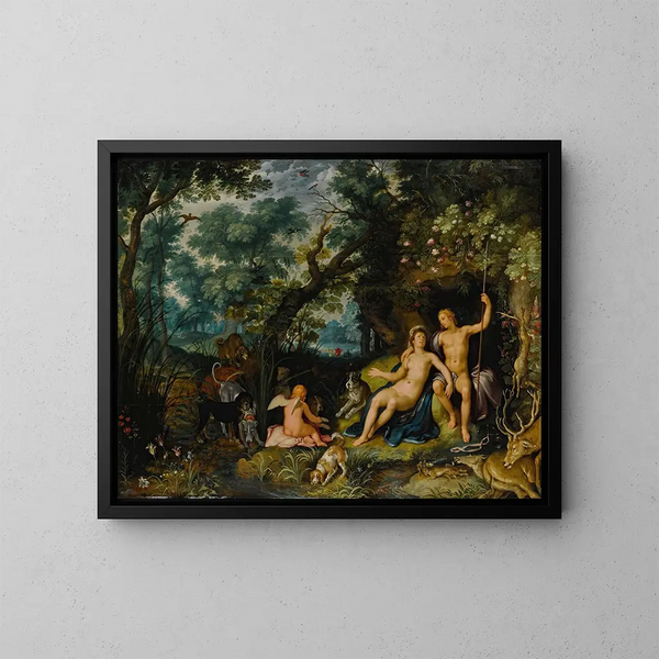 Vénus og Adonis hvilende i et stort landskab med Cupidon, jagthunde og deres bytte - Cornelis Cornelisz van Haarlem — indrammet kunstværk på væggen