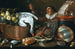 Køkkenindretning med en drikker, kobber- og tinbeholdere, vildt og frugt - Cornelis Jacobsz Delff — visning af kunstværket