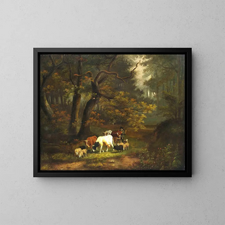 Cornelis Johannes de Vogel - Waldinneres mit kleiner Kuh und Schafherde.webp
