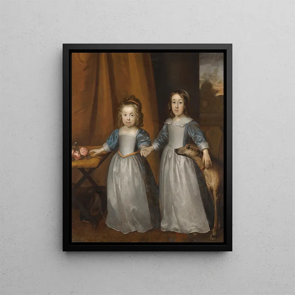 Portrait af to unge piger på en terrasse med to hunde Et landskab i baggrunden - Cornelis Jonson van Ceulen — indrammet kunstværk på væggen