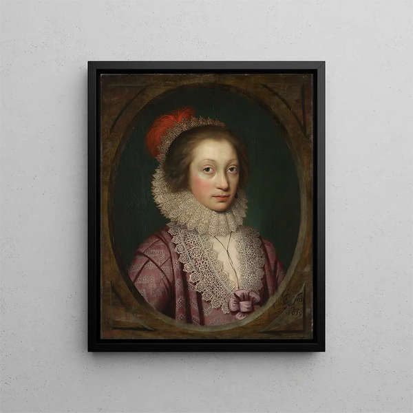 Portrait af en kvinde, måske Elizabeth Boothby - Cornelis Jonson van Ceulen — indrammet kunstværk på væggen