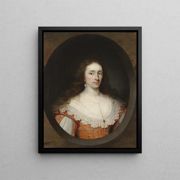 Portrait af en dame, traditionelt identificeret som Mary Chetwynd d. 1637 - Cornelis Jonson van Ceulen — indrammet kunstværk på væggen