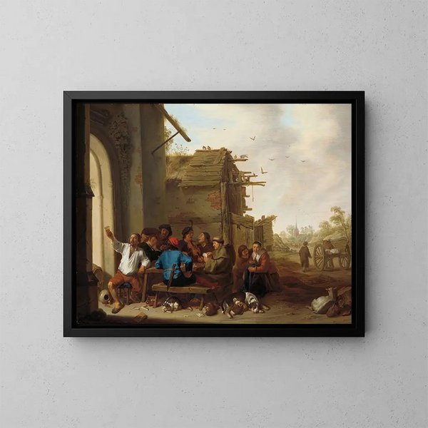 Figurer foran en landsby kro - Cornelis Saftleven — indrammet kunstværk på væggen