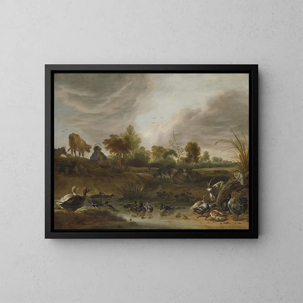 Landskabsmaleri med dyr - Cornelis Saftleven — indrammet kunstværk på væggen