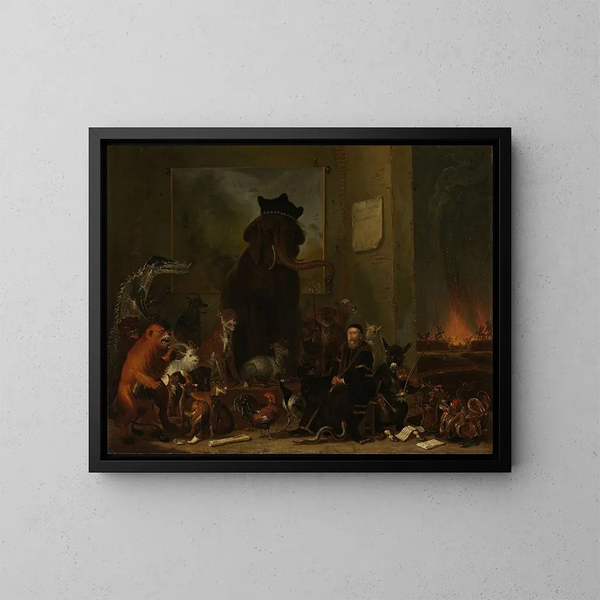 Satire over retssagen mod Johan van Oldenbarneveldt - Cornelis Saftleven — indrammet kunstværk på væggen