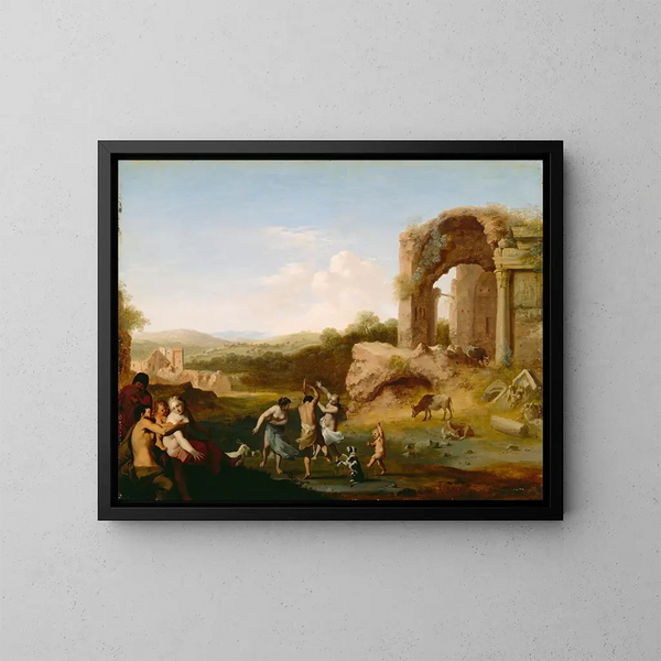 Figurer dansantes nær en ruin - Cornelis van Poelenburch — indrammet kunstværk på væggen