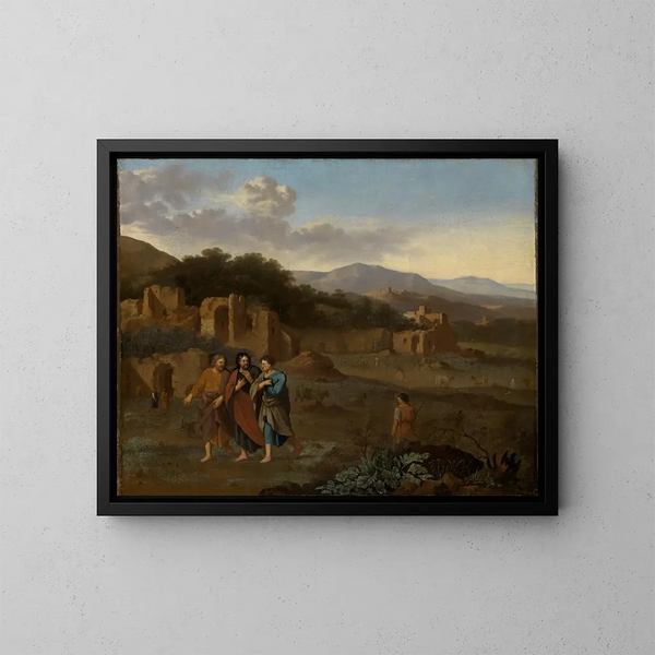 Landskab af italiensk bjerglandskab med Kristus og de to disciple på vej til Emmaus - Cornelis van Poelenburg — indrammet kunstværk på væggen