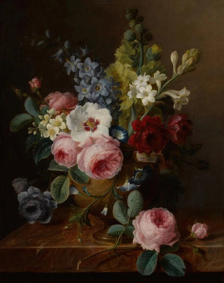 blomsterstillleben i en vase på en marmor kant med roser, hibiscus, klocker, stokroser og anemoner - Cornelis van Spaendonck — visning af kunstværket