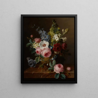 blomsterstillleben i en vase på en marmor kant med roser, hibiscus, klocker, stokroser og anemoner - Cornelis van Spaendonck — indrammet kunstværk på væggen