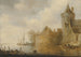Landskabsbillede med flod, et tårn og landsbybygninger bag en mur - Cornelis van der Schalcke — visning af kunstværket