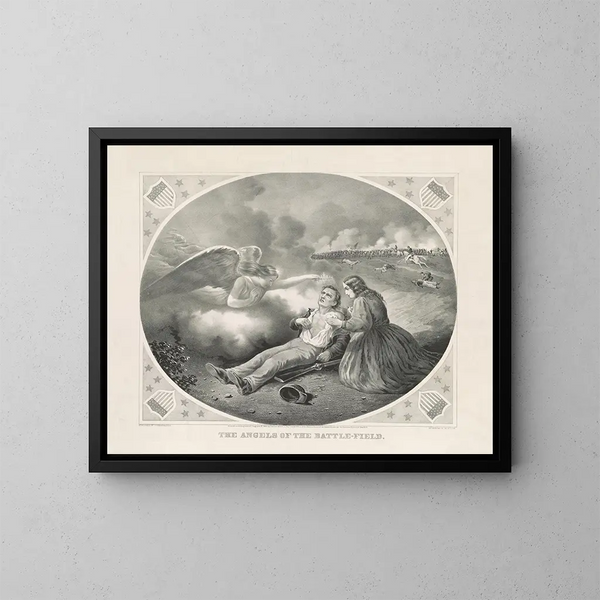 Engle fra slagmarken - Currier & Ives — indrammet kunstværk på væggen