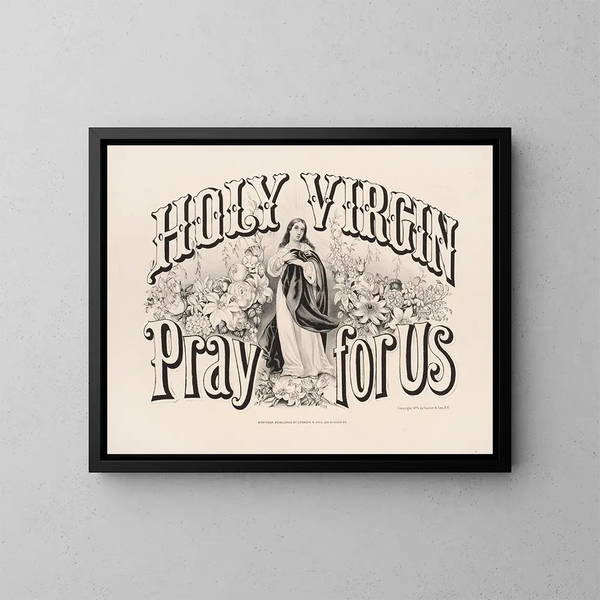 Sainte Vierge-maleri, bed for os - Currier & Ives — indrammet kunstværk på væggen