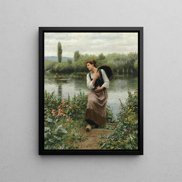 En kvinde med en kurv - Daniel Ridgway Knight — indrammet kunstværk på væggen