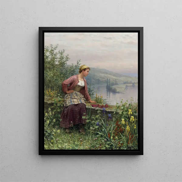 en breton pige, der overser en bæk - Daniel Ridgway Knight — indrammet kunstværk på væggen