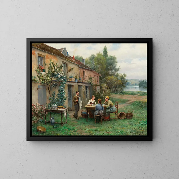 Café i haven - Daniel Ridgway Knight — indrammet kunstværk på væggen