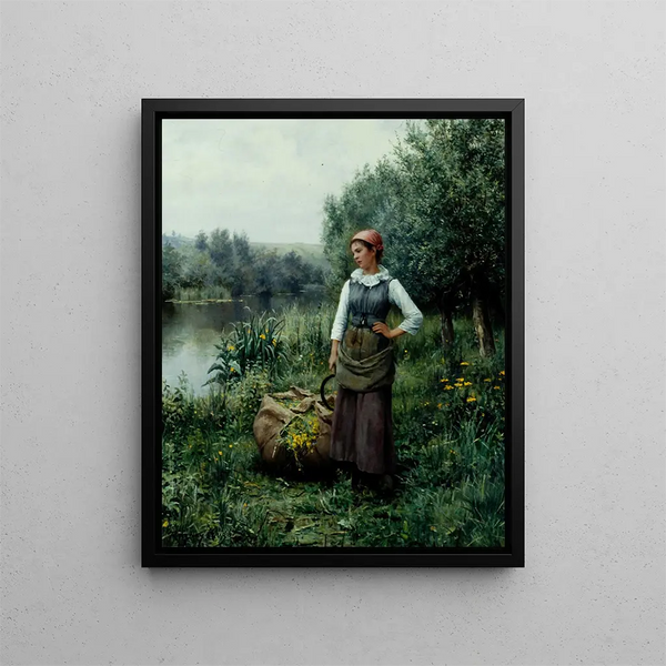 Pige ved bredden af en bæk Flandern - Daniel Ridgway Knight — indrammet kunstværk på væggen