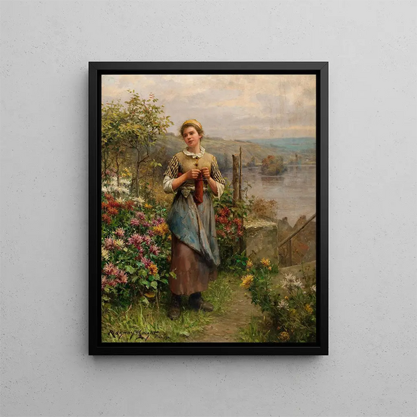Unge kvinde der strikker - Daniel Ridgway Knight — indrammet kunstværk på væggen