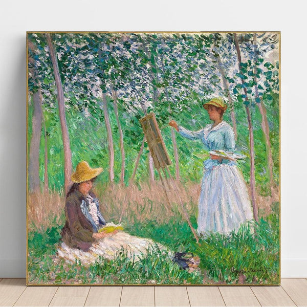 i Giverny-skoven: Blanche Hoschede ved sit staffeli med Suzanne Hoschede, der læser - Claude Monet