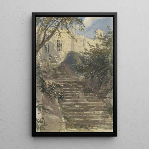 Havedørtrappe til Haddon Hall Derbyshire - David Cox — indrammet kunstværk på væggen
