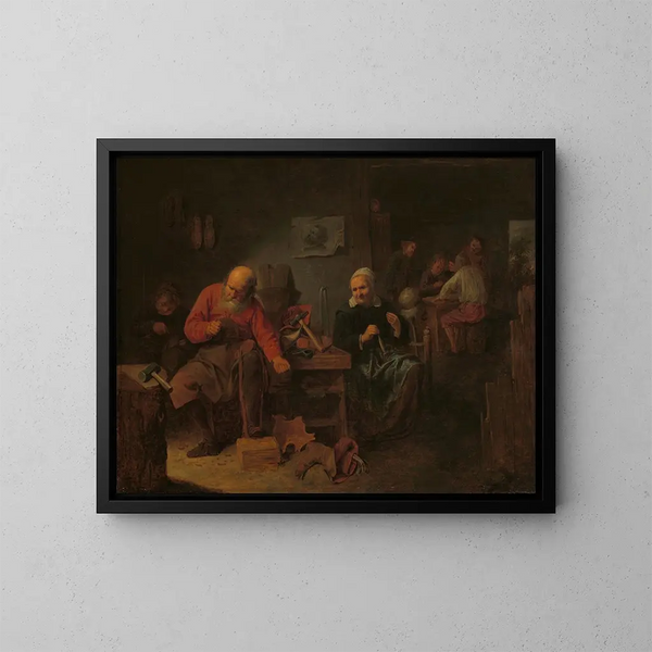 Indendørs af en skomageratelier - David Ryckaert III — indrammet kunstværk på væggen
