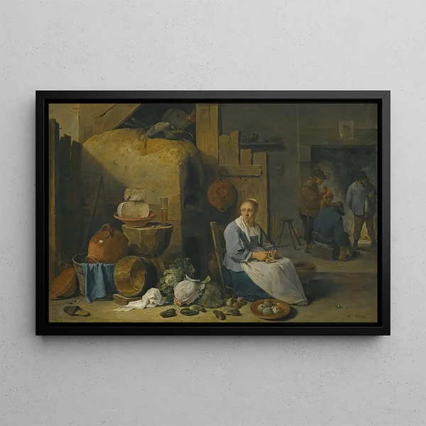 Indendørs bondegård med en tjenestepige, der forbereder grøntsager - David Teniers den Yngre — indrammet kunstværk på væggen