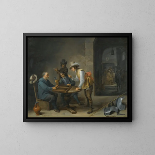 En vagtskue scene med spillere af trictrac i forgrunden - David Teniers den Yngre — indrammet kunstværk på væggen