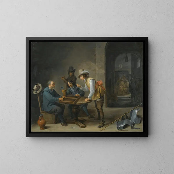 En vagtskue scene med spillere af trictrac i forgrunden - David Teniers den Yngre — indrammet kunstværk på væggen