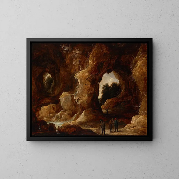 En hule med figurer, en hjort og en stork - David Teniers den Yngre — indrammet kunstværk på væggen