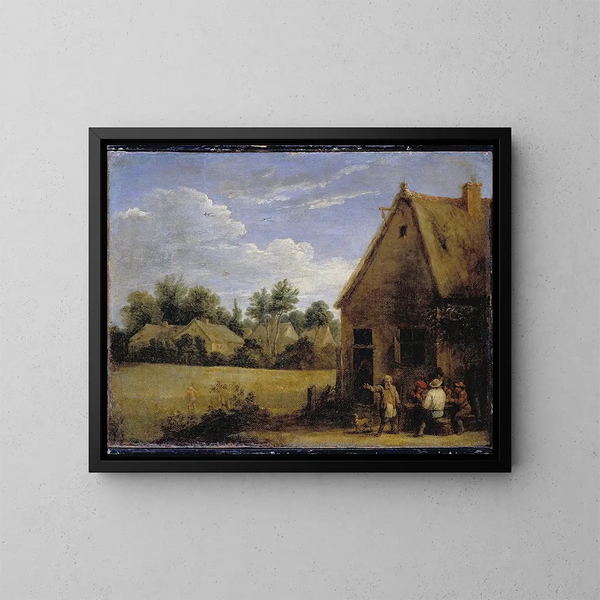Cottage med bønder, der spiller kort - David Teniers den Yngre — indrammet kunstværk på væggen