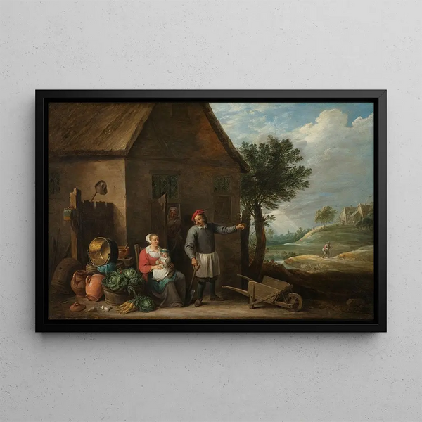 landskab med en bonde ved døren til et lille hus med en siddende kvinde og et barn - David Teniers den Yngre — indrammet kunstværk på væggen