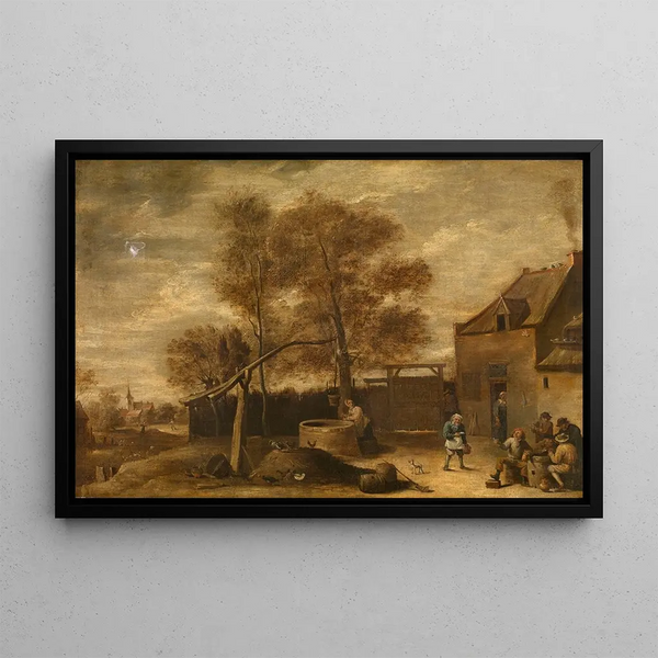 I gården på gården - David Teniers den Yngre — indrammet kunstværk på væggen