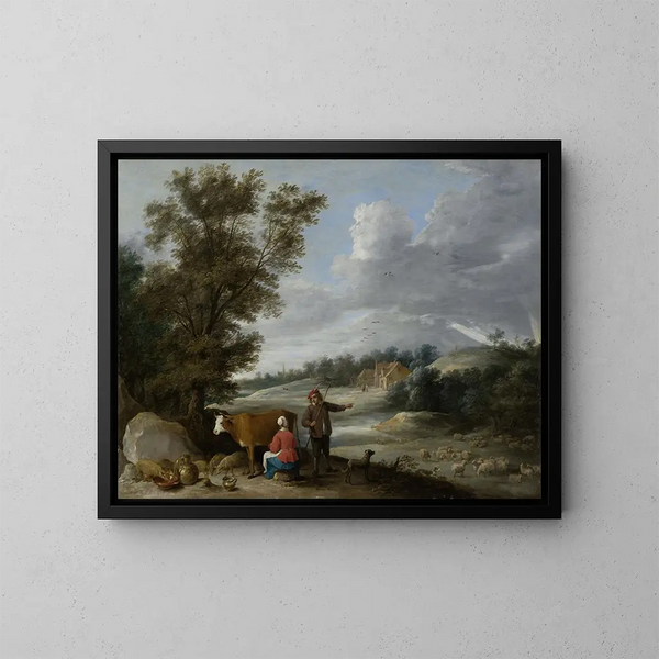 Landskabsmaleri med malkepige og hyrde - David Teniers den Yngre — indrammet kunstværk på væggen