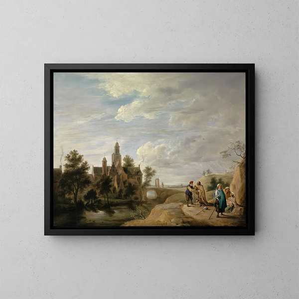 Landskabsmaleri med figurer af staffage - David Teniers den Yngre — indrammet kunstværk på væggen