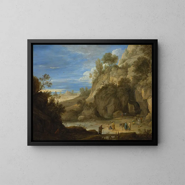 Landskabsmaleri med en sigøjnerlejr - David Teniers den Yngre — indrammet kunstværk på væggen