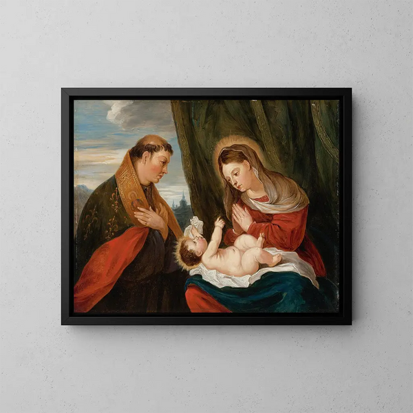 Jomfru Maria med Barnet og Sankt Louis af Toulouse - David Teniers den Yngre — indrammet kunstværk på væggen