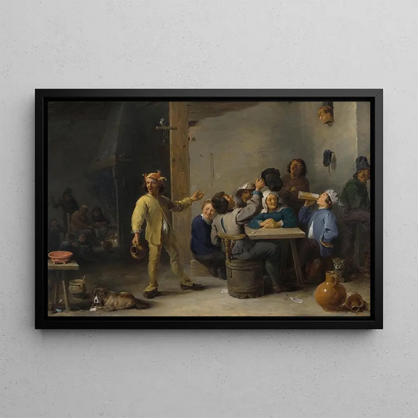 Bønder, der fejrer Helligtrekonger-festen - David Teniers den Yngre — indrammet kunstværk på væggen