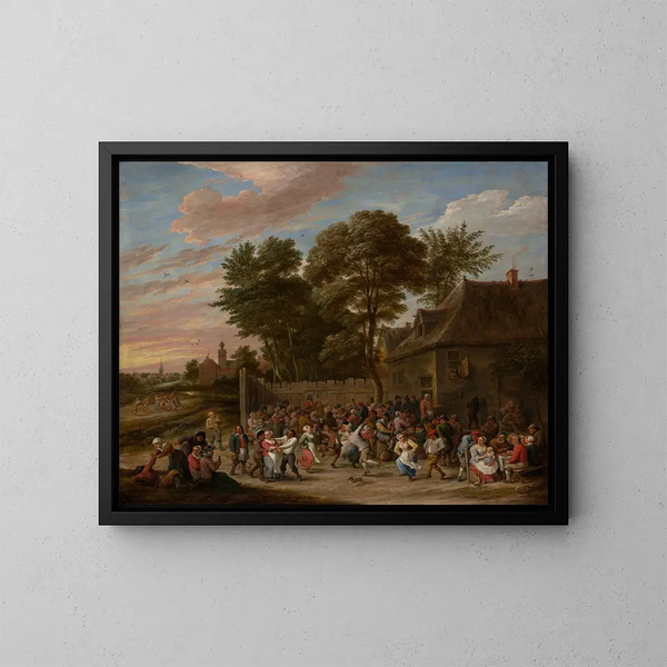 Bønder danser og festende - David Teniers den Yngre — indrammet kunstværk på væggen
