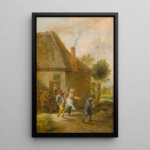 Reproduktion af maleriet Landsbybeboere danser foran en kro - David Teniers den Yngre