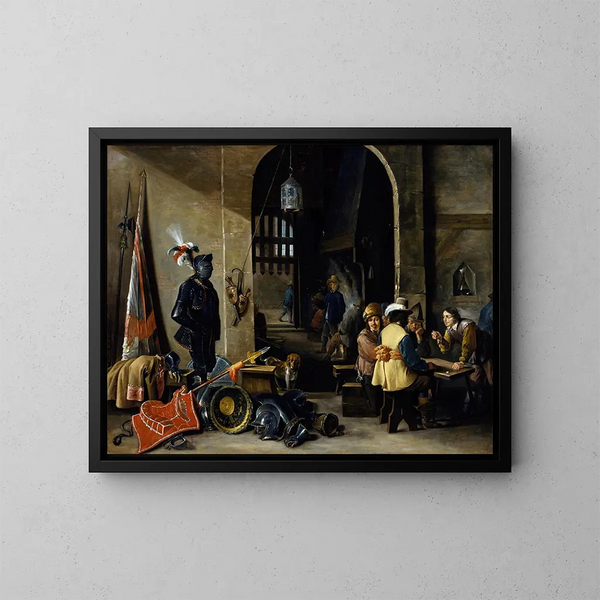 soldater, der spiller terninger - David Teniers den Yngre — indrammet kunstværk på væggen