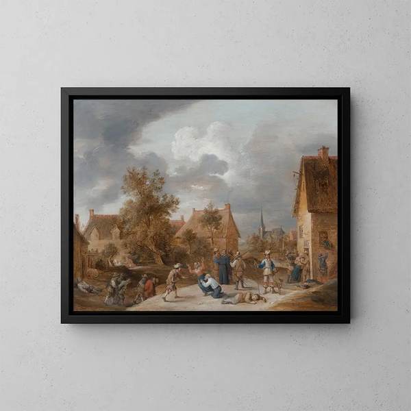 soldater, der plyndrer en landsby - David Teniers den Yngre — indrammet kunstværk på væggen
