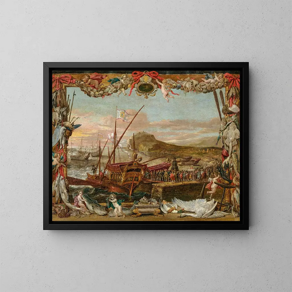 L'Embarquement af Don Juan d'Autriche - David Teniers den Yngre — indrammet kunstværk på væggen