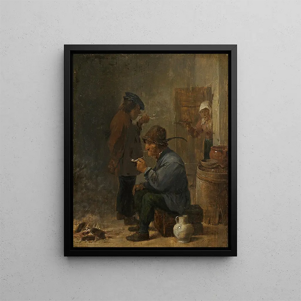 to landmænd, der ryger ved kulilden - David Teniers den Yngre — indrammet kunstværk på væggen