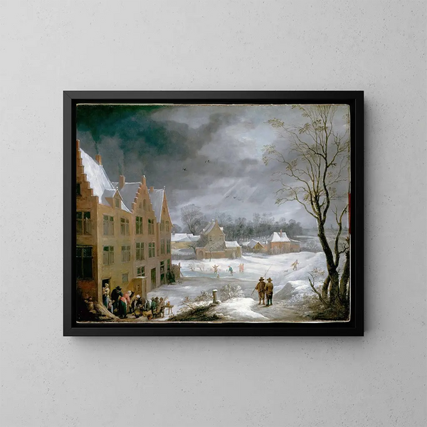 Vinterscene med en mand, der dræber et svin - David Teniers den Yngre — indrammet kunstværk på væggen
