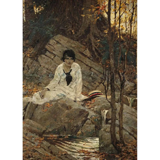 Kvinde siddende med hat - Dean Cornwell — visning af kunstværket